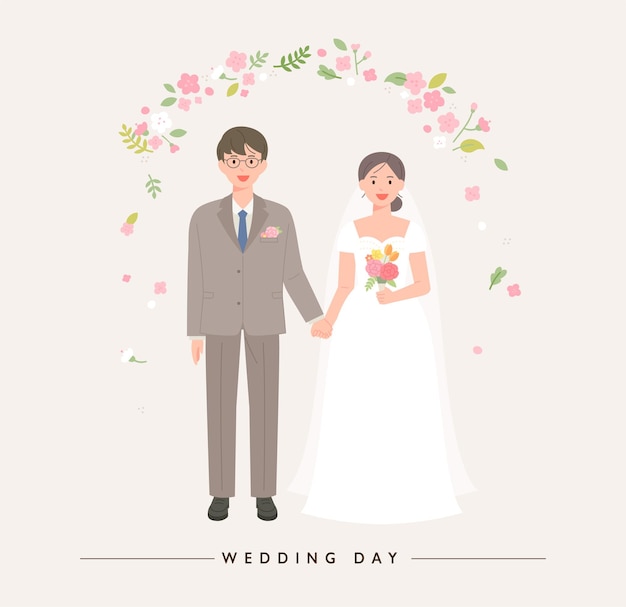 Cute Asian groom and bride characters flat design style vector illustration