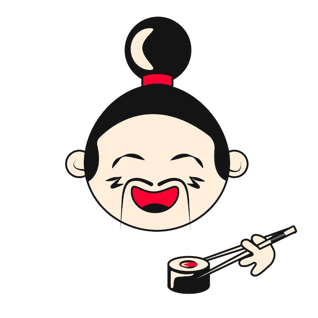 Cute Asian Samurai with Mustache Eating Sushi