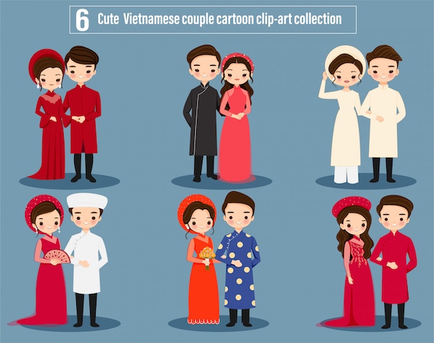 Cute Asian Vietnamese wedding couple cartoon character collection set