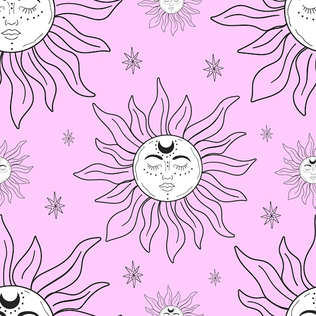 Vector cute astrological sun pattern with moon in forehead on pink isolated background