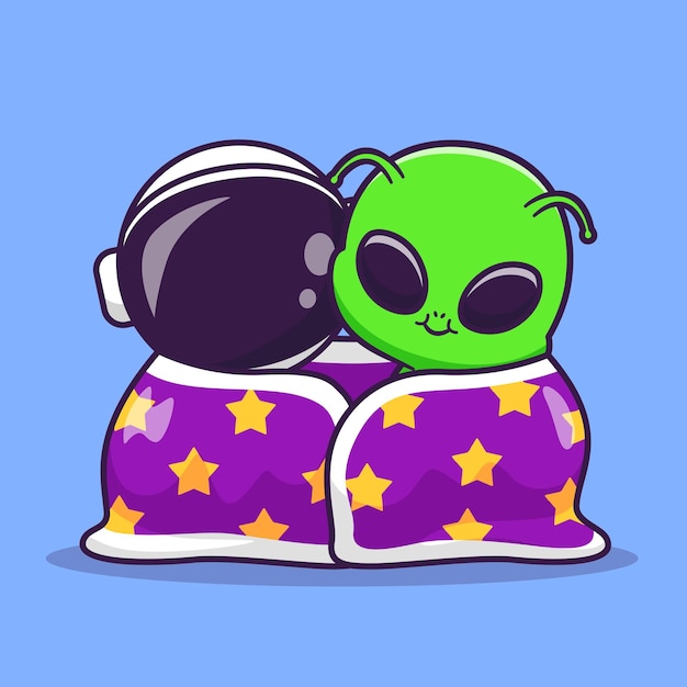 Cute Astronaut And Alien Wearing Blanket Together Cartoon Vector Icon Illustration Science Techno