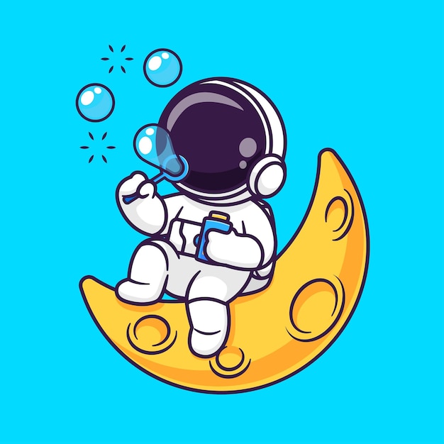 Cute Astronaut Blowing Bubble On Moon Cartoon Vector Icon Illustration Science Technology Icon