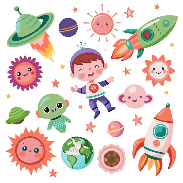 Vector cute astronaut boy rocket ships explore the stars