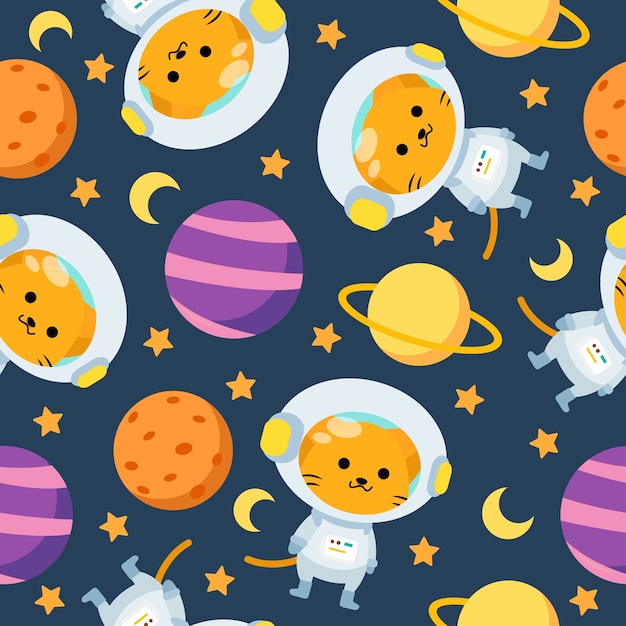 cute astronaut cat cartoon seamless pattern with moon and planet in space