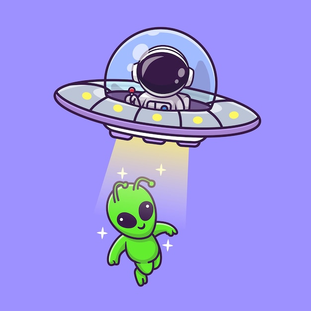 Cute Astronaut Catching Alien With Ufo Cartoon Vector Icon Illustration Science Technology Isolated