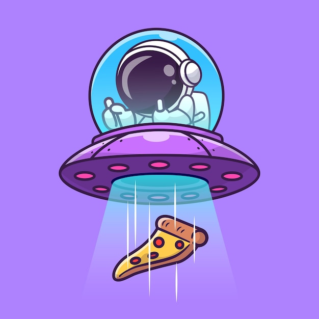 Cute Astronaut Catching Pizza With Ufo Cartoon Vector Icon Illustration Science Food Icon Concept