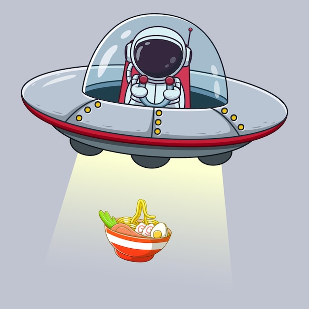 Cute Astronaut Catching Ramen Noodle With Ufo Cartoon