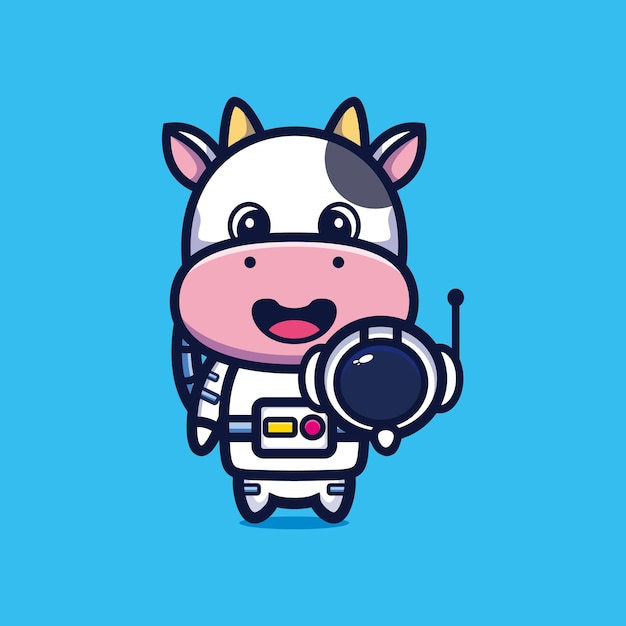 Cute astronaut cow holding helmet cartoon vector illustration