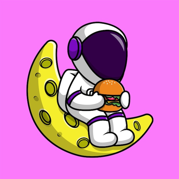 Cute Astronaut Eat Burger On Moon Cartoon Vector Icon Illustration