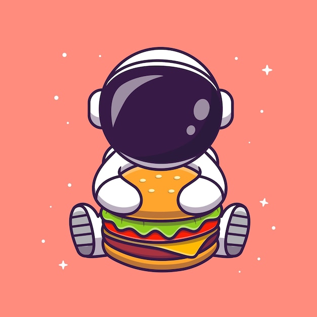 Cute Astronaut Eating Burger Cartoon Vector Icon Illustration. Science Food Icon Concept Isolated Premium Vector. Flat Cartoon Style