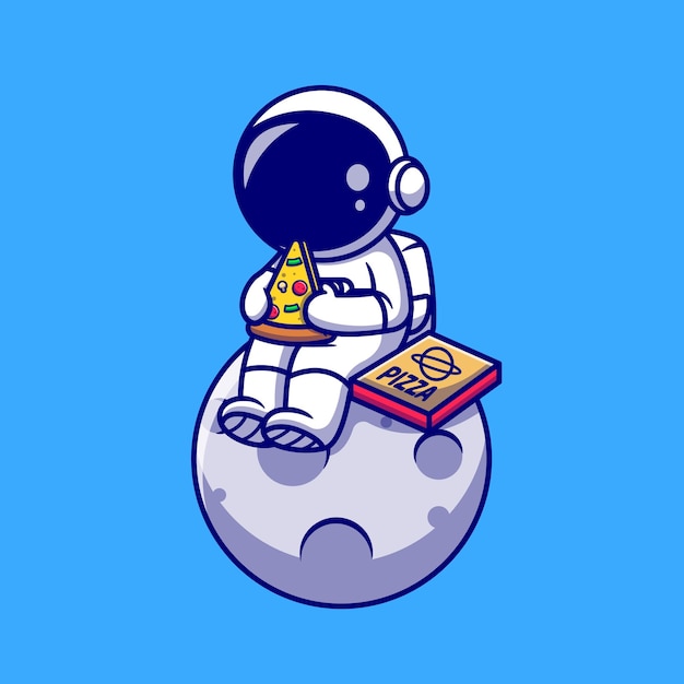 Vector cute astronaut eating pizza on the moon cartoon  illustration. science food  concept isolated . flat cartoon style