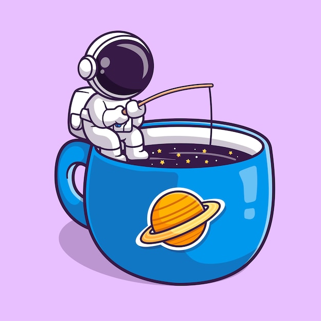 Cute Astronaut Fishing On Coffee Space Cartoon Vector Icon Illustration. Science Drink Isolated Flat