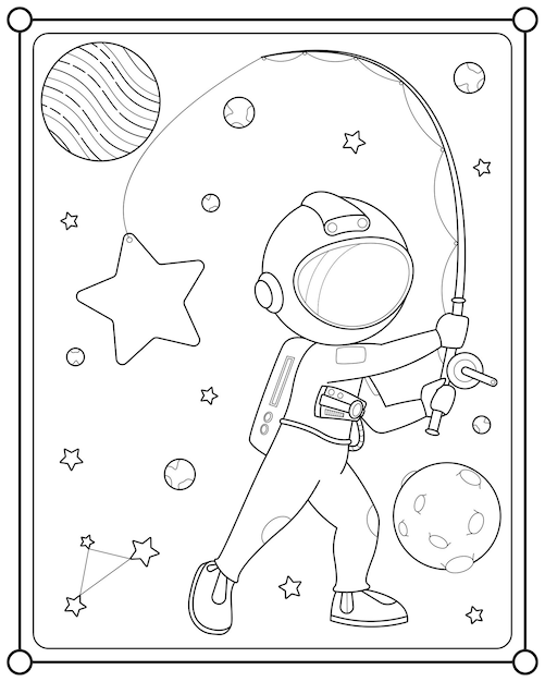 Cute astronaut fishing for stars in space suitable for children's coloring page vector illustration