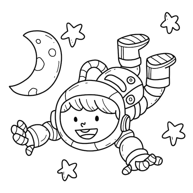 Cute astronaut floating in space hand drawn coloring book cartoon isolated on white