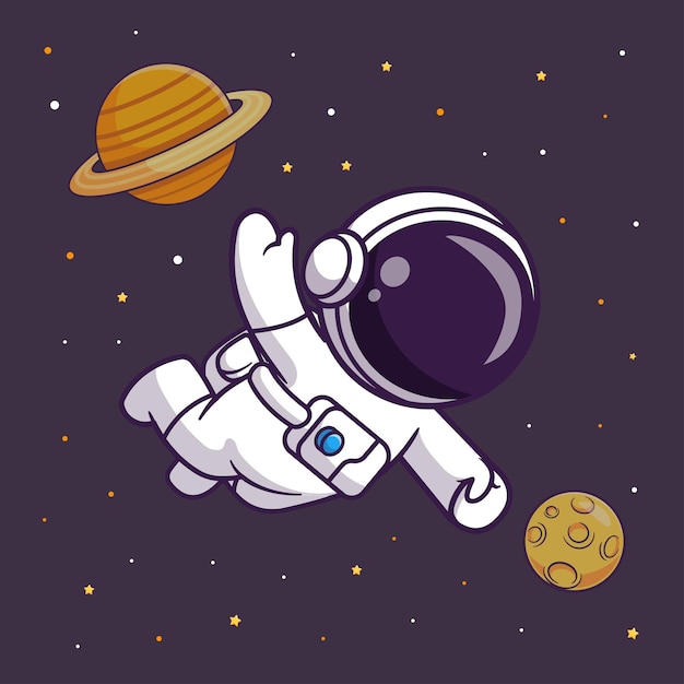 Cute Astronaut Floating Space With Planet Cartoon Vector Icon Illustration Science Technology Flat