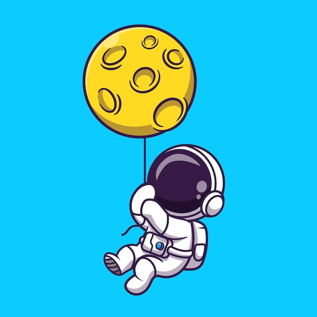 Cute Astronaut Floating With Moon Balloon Cartoon Vector Icon Illustration. Science Technology Icon Concept Isolated Premium Vector. Flat Cartoon Style