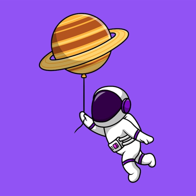 Cute Astronaut Floating With Planet Balloon In Space Cartoon Vector Icon Illustration