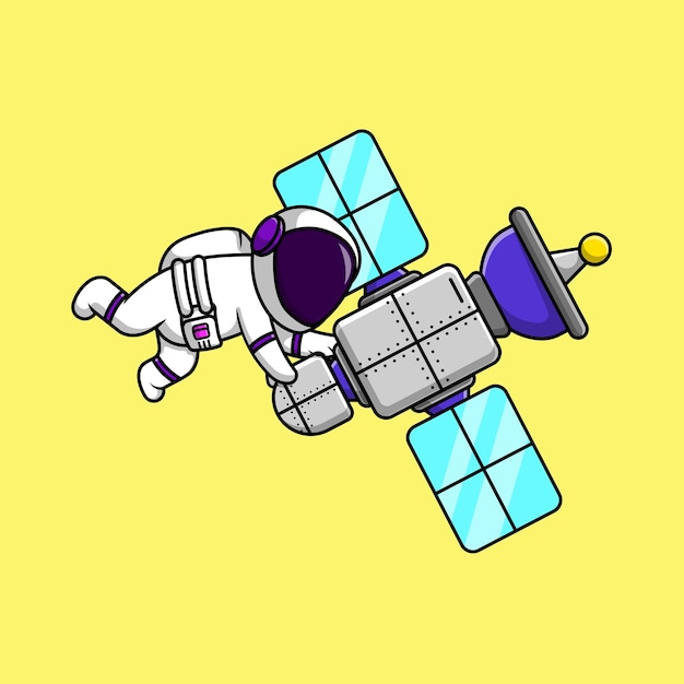 Cute Astronaut Floating With Satellite Cartoon Vector Icon Illustration