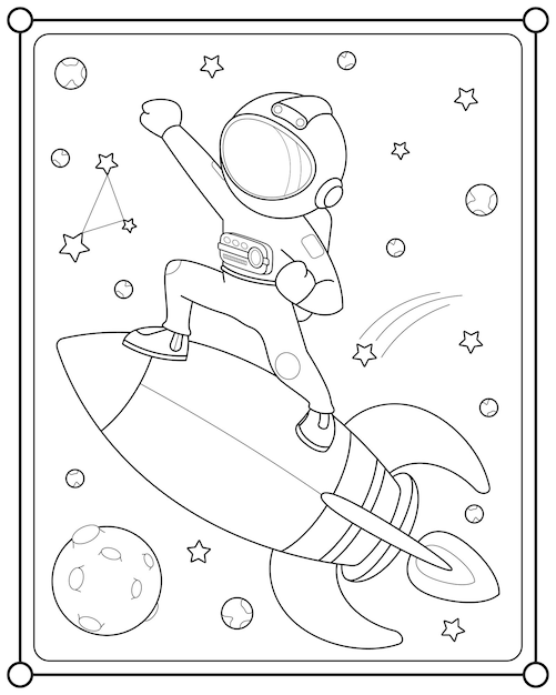 Cute astronaut flying on a rocket into space suitable for children's coloring page vector illustrati