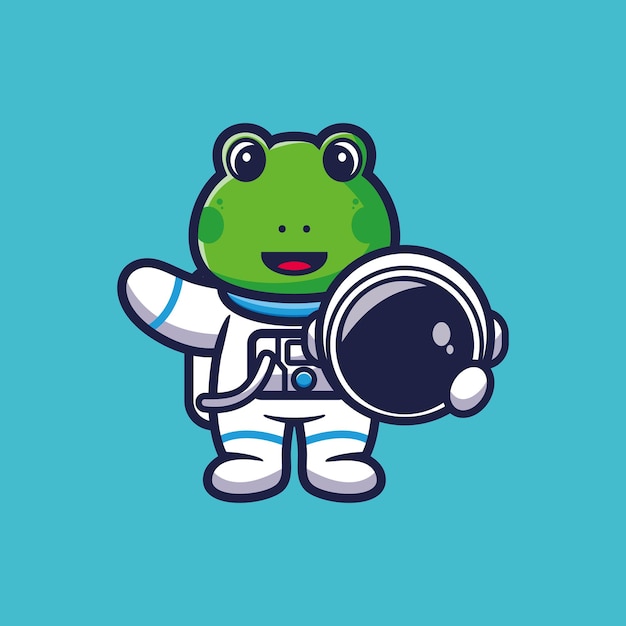 Cute astronaut frog holding helmet cartoon vector illustration