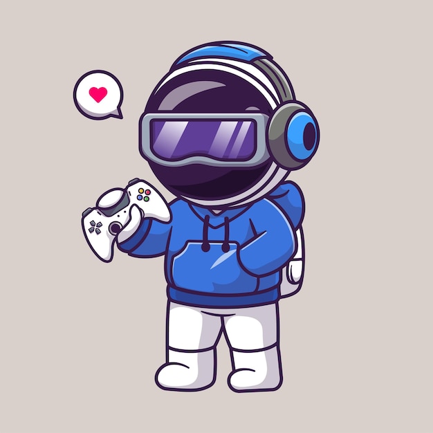 Cute Astronaut Gaming VR With Headphone And Controller Cartoon Vector Icon Illustration. Science 