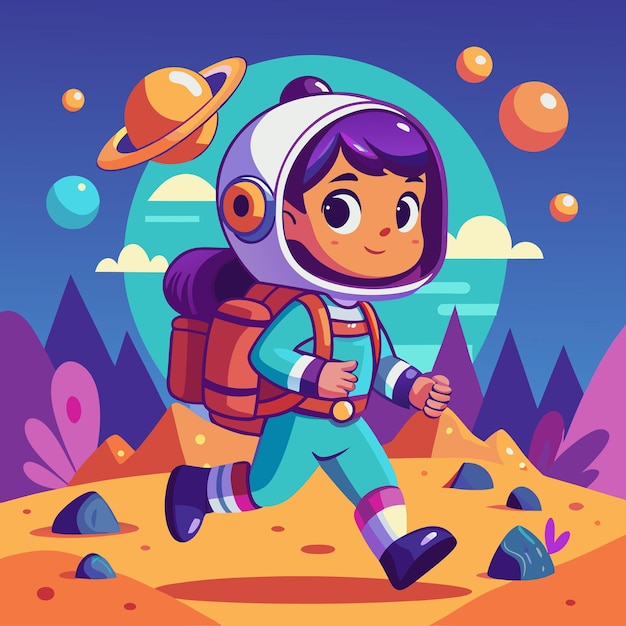 Vector cute astronaut girl traveling hiking with backpack cartoon vector icon illustration science holiday icon concept isolated premium vector flat cartoon style