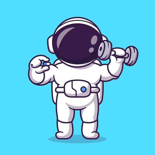 Cute Astronaut Gym Holding Pill Supplement And Dumbbell Cartoon Vector Icon Illustration. Sport