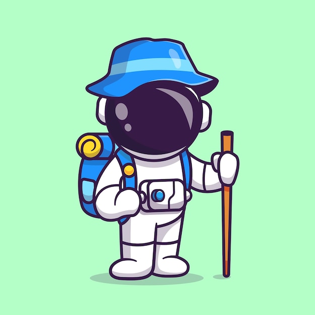 Cute Astronaut Hiking Traveling Cartoon Vector Icon Illustration. Science Travel Icon Concept Isolated Premium Vector. Flat Cartoon Style