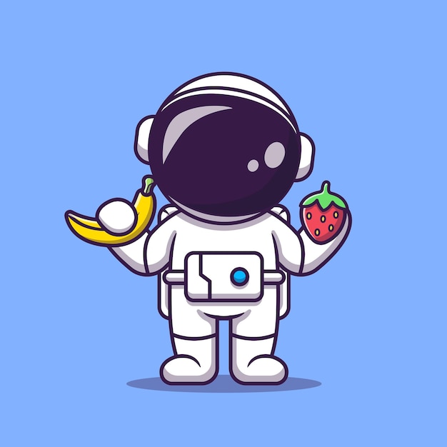 Cute Astronaut Holding Banana And Strawberry Cartoon 