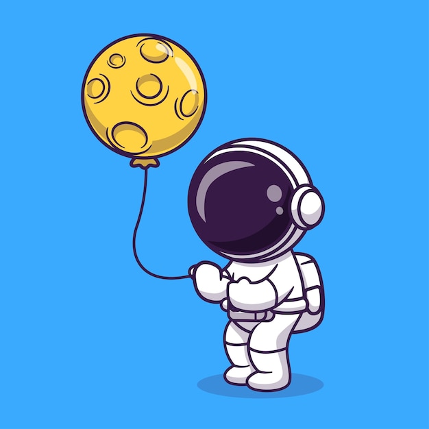 Cute Astronaut Holding Moon Balloon Cartoon Vector Icon Illustration. Science Technology Icon Concept Isolated Premium Vector. Flat Cartoon Style