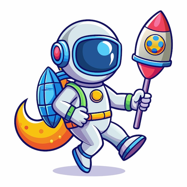 Vector cute astronaut holding moon lollipop on rocket cartoon vector icon illustration science technology icon concept isolated premium vector flat cartoon