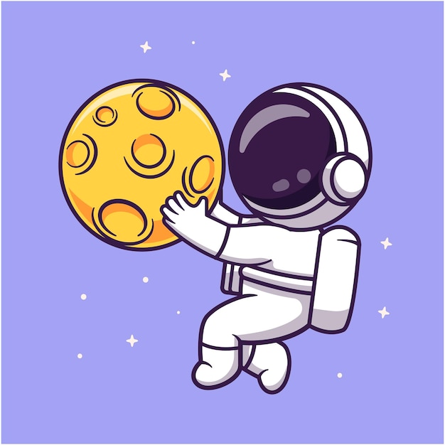 Cute Astronaut Holding Moon In Space Cartoon Vector Icon Illustration Science Technology Isolated