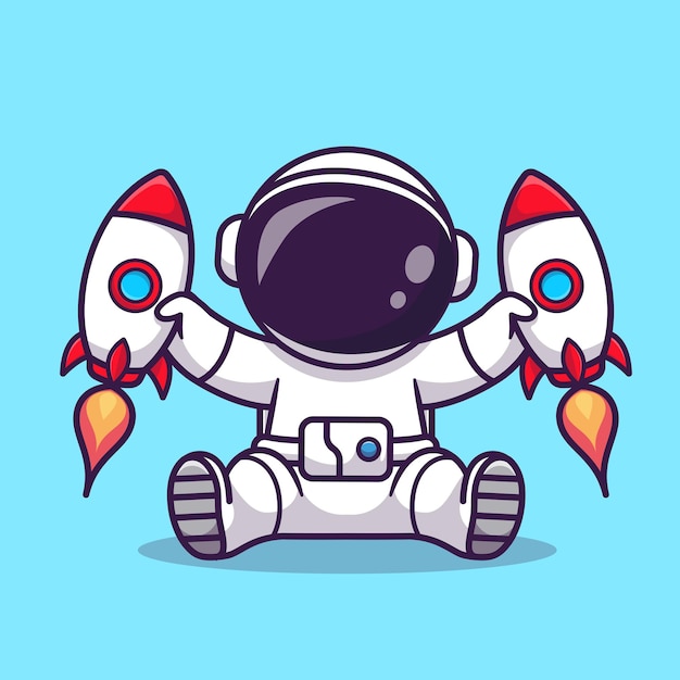 Cute Astronaut Holding Rocket Toys Cartoon Vector Icon Illustration. Science Technology Isolated