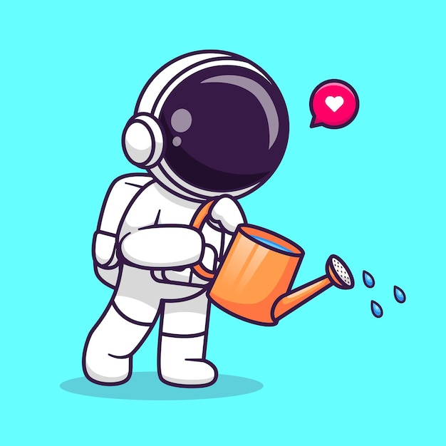 Cute Astronaut Holding Watering Plant Cartoon Vector Icon Illustration Science Nature Icon Isolated