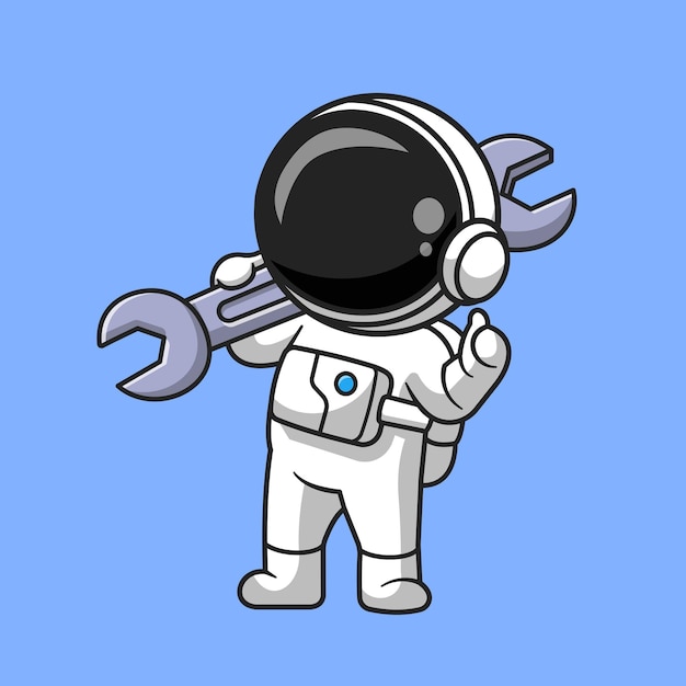 Cute Astronaut Holding Wrench Cartoon Vector Icon Illustration. Science Technology Icon Concept Isolated Premium Vector. Flat Cartoon Style