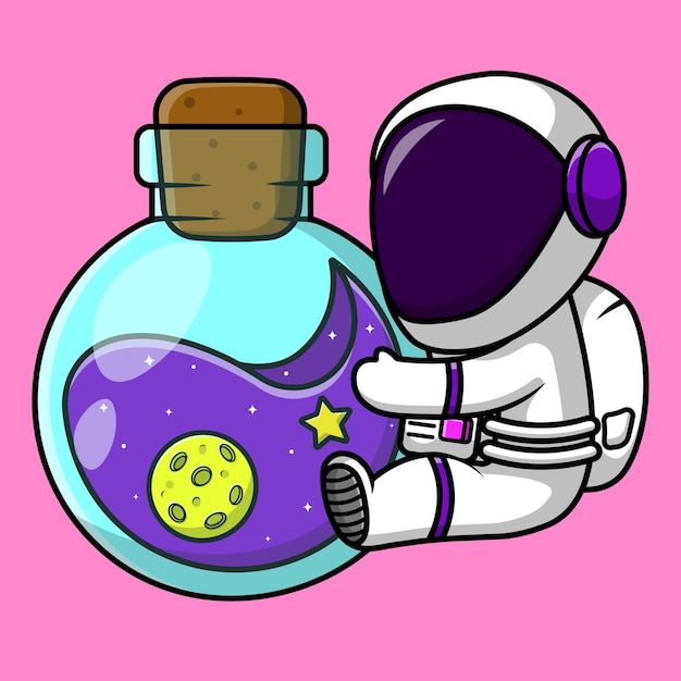 Cute Astronaut Hugging Space Bottle Cartoon Vector Icon Illustration