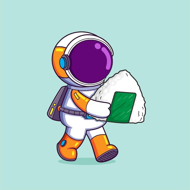 The cute astronaut is holding and going to eat a big onigiri on his hand