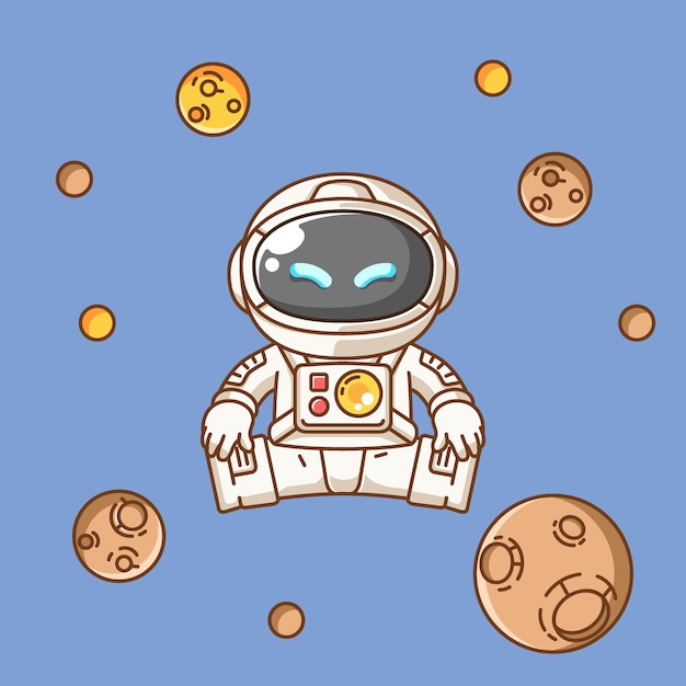 Cute astronaut jump in space kawaii chibi character mascot illustration outline style design