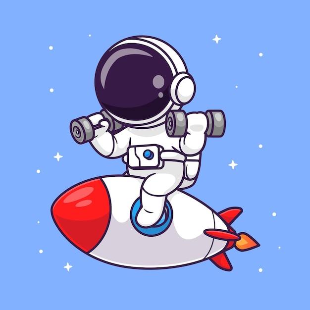 Cute Astronaut Lifting Dumbbell On Rocket Cartoon Vector Icon Illustration Science Sport Isolated