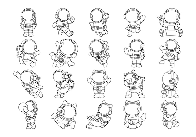 Vector cute astronaut line element collection