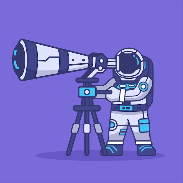 Cute astronaut mascot cartoon character using telescopes for space research exploration