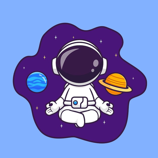 Cute Astronaut Meditation Yoga In Space With Planet Cartoon Vector Icon Illustration Science Techno