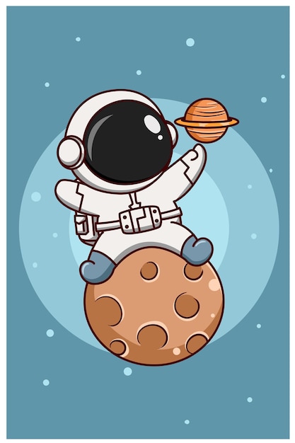 Cute astronaut on the moon with planet saturn cartoon illustration