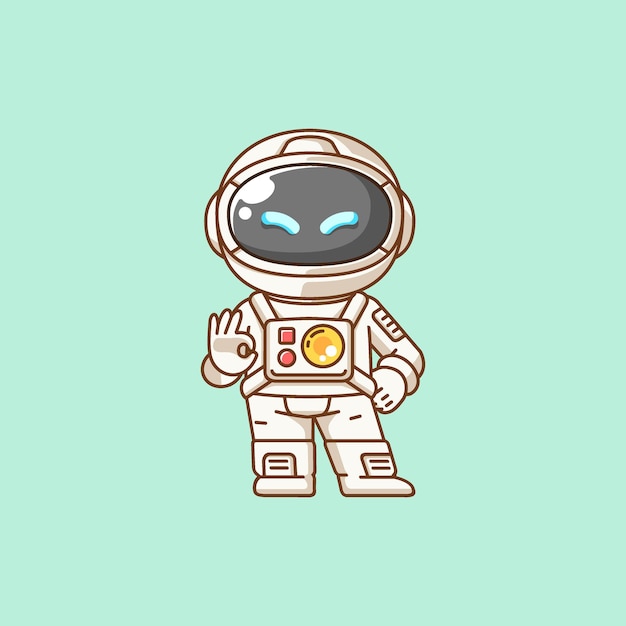 Cute astronaut peace hand kawaii chibi character mascot illustration outline style