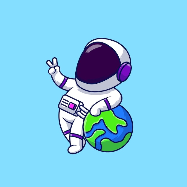 Cute Astronaut Peace Hand With Earth Cartoon Vector Icons Illustration