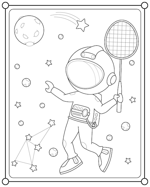 Cute astronaut playing badminton in space suitable for children's coloring page vector illustration