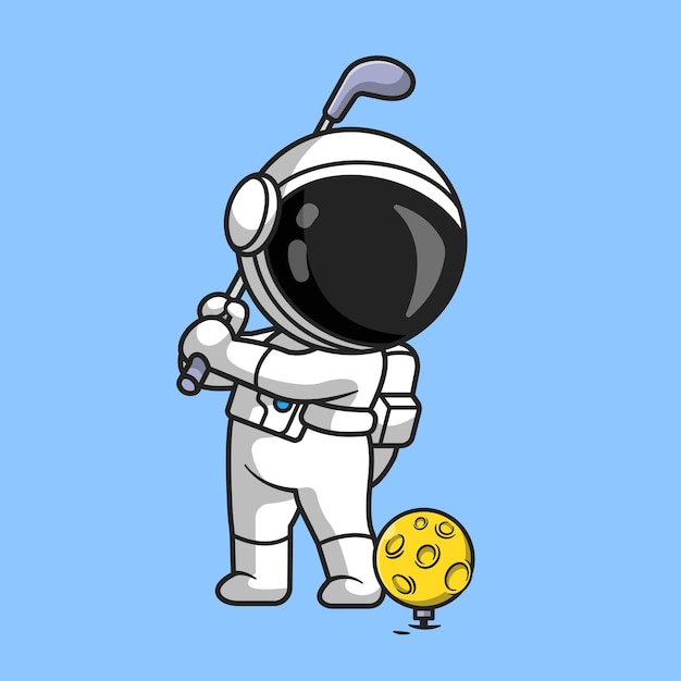 Cute Astronaut Playing Golf Moon Cartoon Vector Icon Illustration.Technology Sport Icon Concept Isolated Premium Vector. Flat Cartoon Style