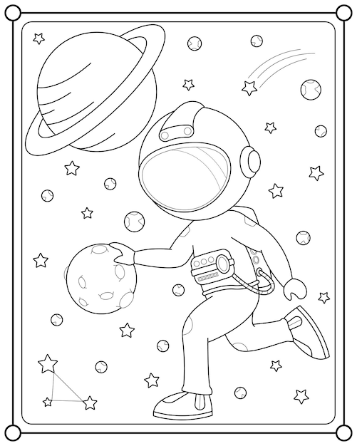 Cute astronaut playing moon ball in space suitable for children's coloring page vector illustration