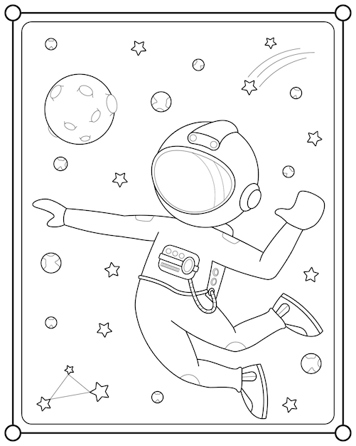 Cute astronaut playing moon ball in space suitable for children's coloring page vector illustration