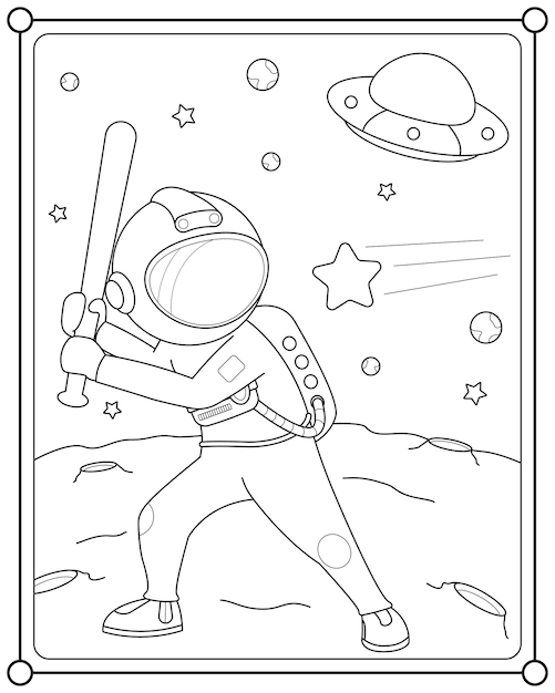 Cute astronaut playing planet ball with baseball bat in space suitable for children's coloring page